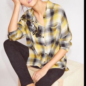 Maeve plaid yellow button floral embroidery top